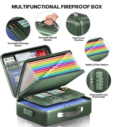 BigPonPon Fireproof Document Box, Hard Case Highly Flame-Resistant Fire Proof Waterproof File Organizer with Lock, Portable Fire Safe for Important Documents & Valuables Storage (Green, ‎15"*11"*5") - Image 5