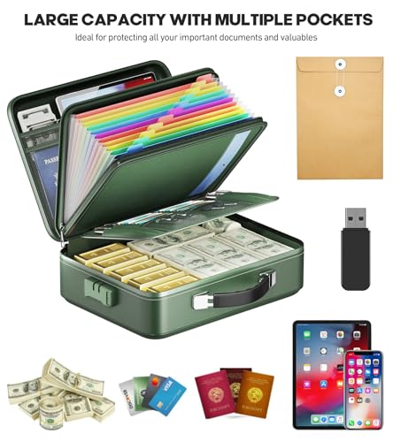 BigPonPon Fireproof Document Box, Hard Case Highly Flame-Resistant Fire Proof Waterproof File Organizer with Lock, Portable Fire Safe for Important Documents & Valuables Storage (Green, ‎15"*11"*5") - Image 3