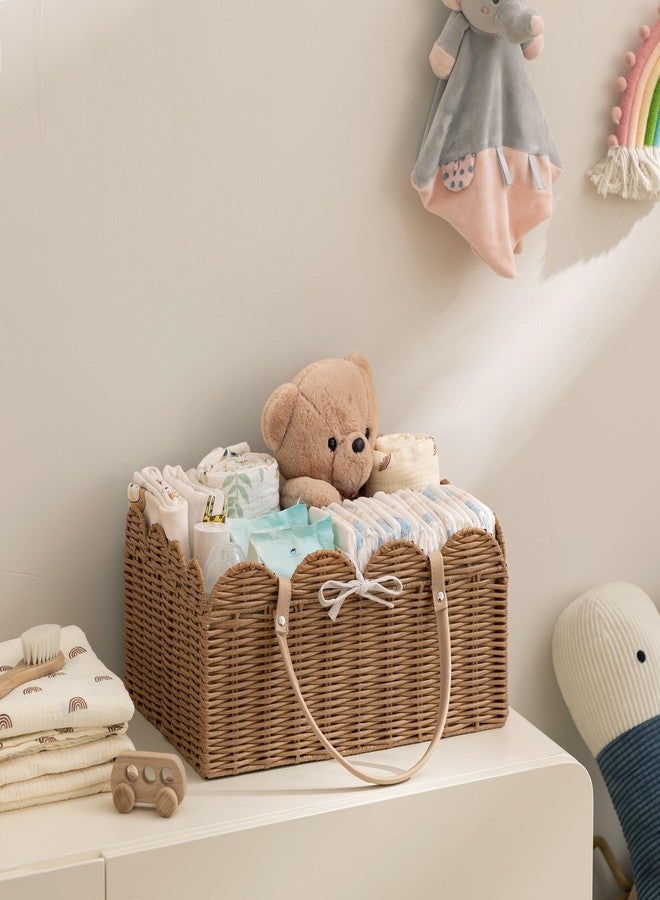 HBlife Baby Diaper Caddy Organizer, Washable Waterproof, Large Portable Scalloped Wicker Woven Basket with Divider, Nursery Diaper Station, Baby Shower Gifts Basket - Newborn Essentials, Car Organizer - Image 3