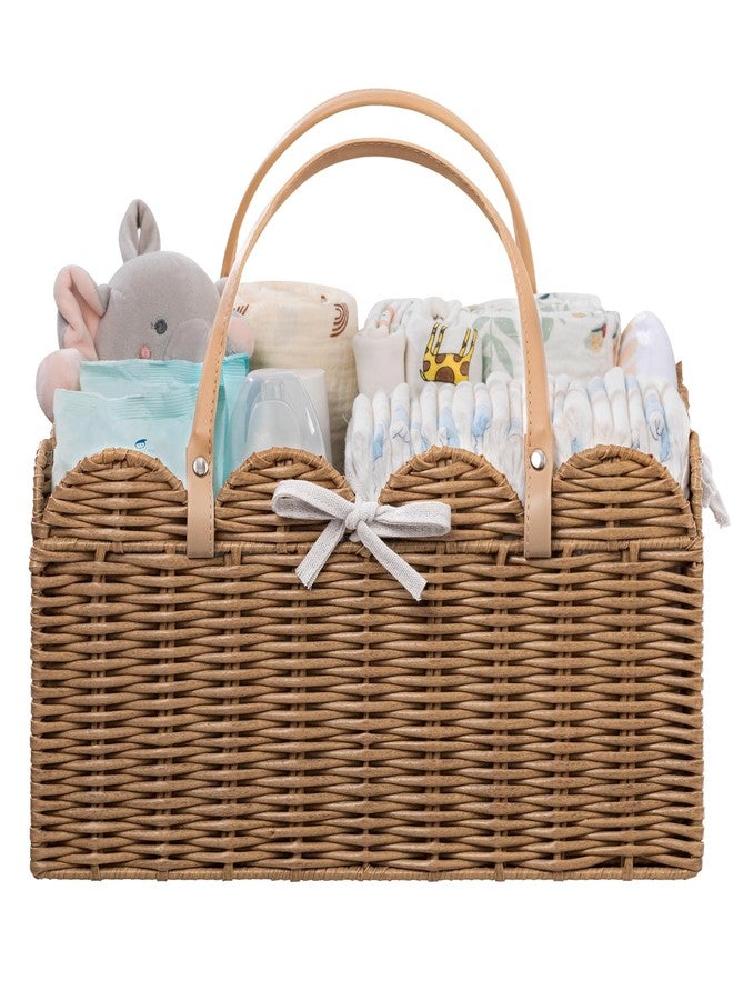 HBlife Baby Diaper Caddy Organizer, Washable Waterproof, Large Portable Scalloped Wicker Woven Basket with Divider, Nursery Diaper Station, Baby Shower Gifts Basket - Newborn Essentials, Car Organizer - Image 1