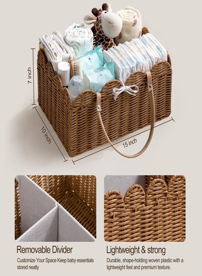 HBlife Baby Diaper Caddy Organizer, Washable Waterproof, Large Portable Scalloped Wicker Woven Basket with Divider, Nursery Diaper Station, Baby Shower Gifts Basket - Newborn Essentials, Car Organizer - Image 5