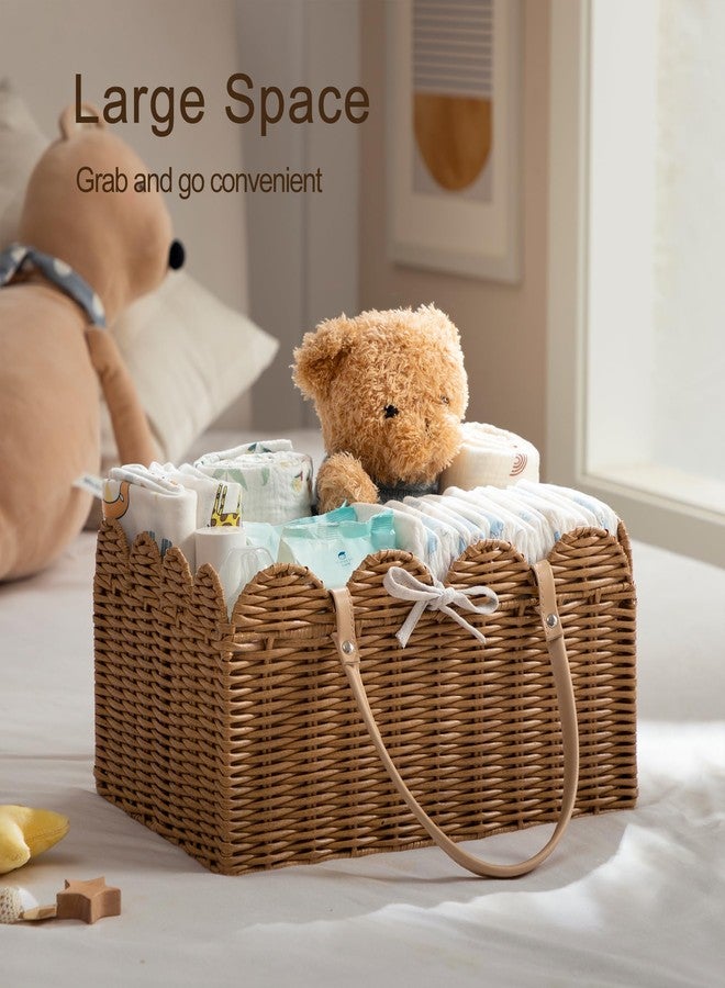 HBlife Baby Diaper Caddy Organizer, Washable Waterproof, Large Portable Scalloped Wicker Woven Basket with Divider, Nursery Diaper Station, Baby Shower Gifts Basket - Newborn Essentials, Car Organizer - Image 2