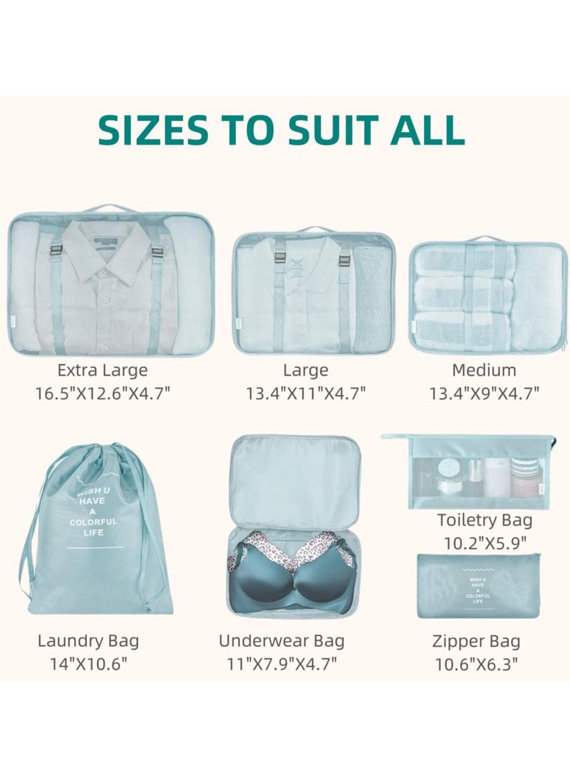 SAW & SEE 7-Piece Travel Luggage Organizer Set – Lightweight and Foldable Packing Cubes with Toiletry Bag, Perfect Suitcase Storage Solution for Neat and Hassle-Free Travel – GREEN - Image 3