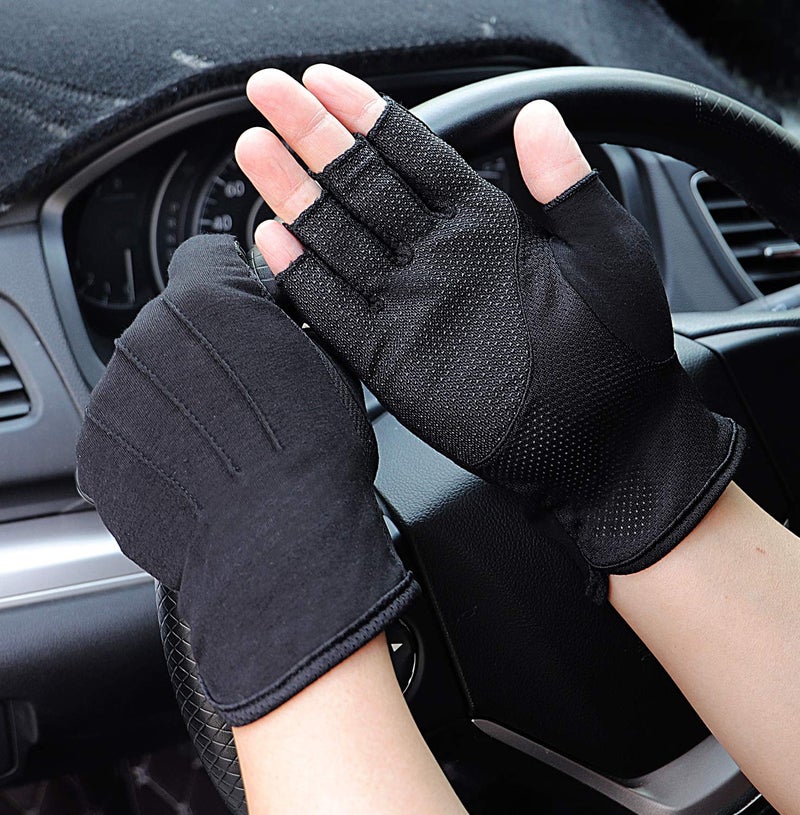 Bienvenu Mens Summer UV Protection Half Finger Outdoor Hiking Driving Cycling Riding Cotton Sunblock Gloves, Black - Image 4