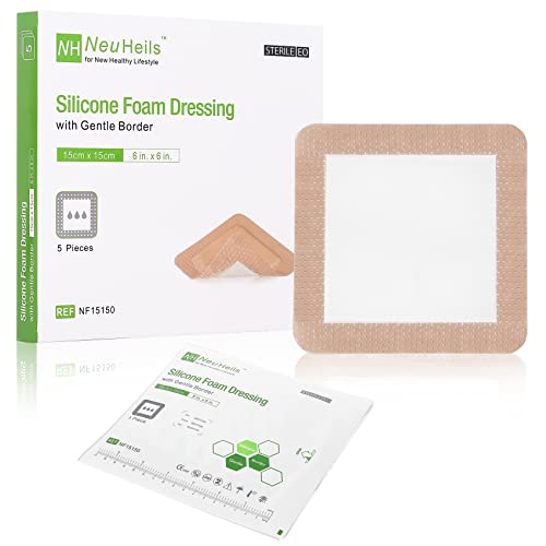 NeuHeils Silicone Adhesive Foam Dressing Bandage with Gentle Border 6 x 6 inch for Bed Sore Leg Ulcer 5 Pack High Absorbency Waterproof Silicone Wound Bandage for Pressure Ulcer