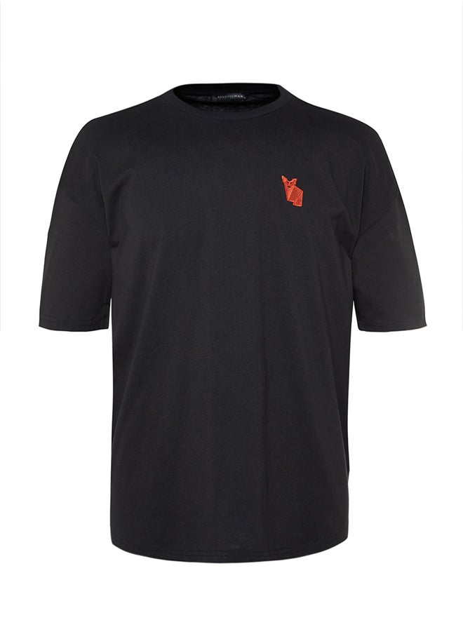 trendyol - Black Men's Oversize Crew Neck Short Sleeve Fox Embroidered  T-Shirt - Image 1