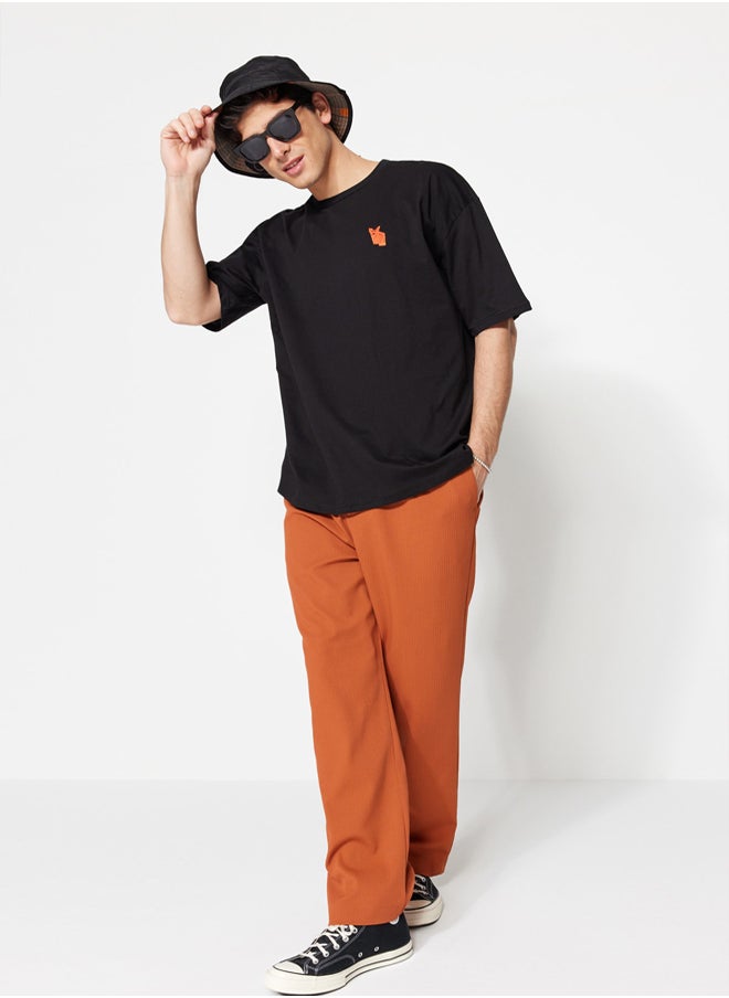 trendyol - Black Men's Oversize Crew Neck Short Sleeve Fox Embroidered  T-Shirt - Image 1