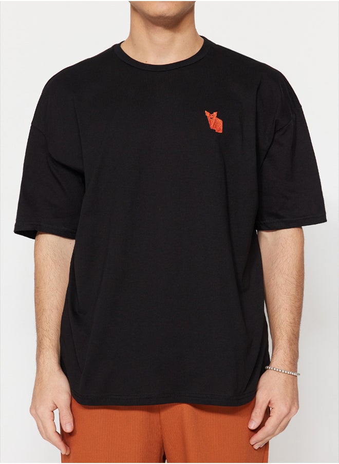 trendyol - Black Men's Oversize Crew Neck Short Sleeve Fox Embroidered  T-Shirt - Image 1