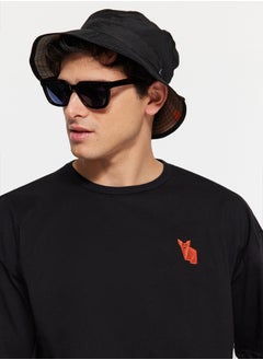 Black Men's Oversize Crew Neck Short Sleeve Fox Embroidered  T-Shirt