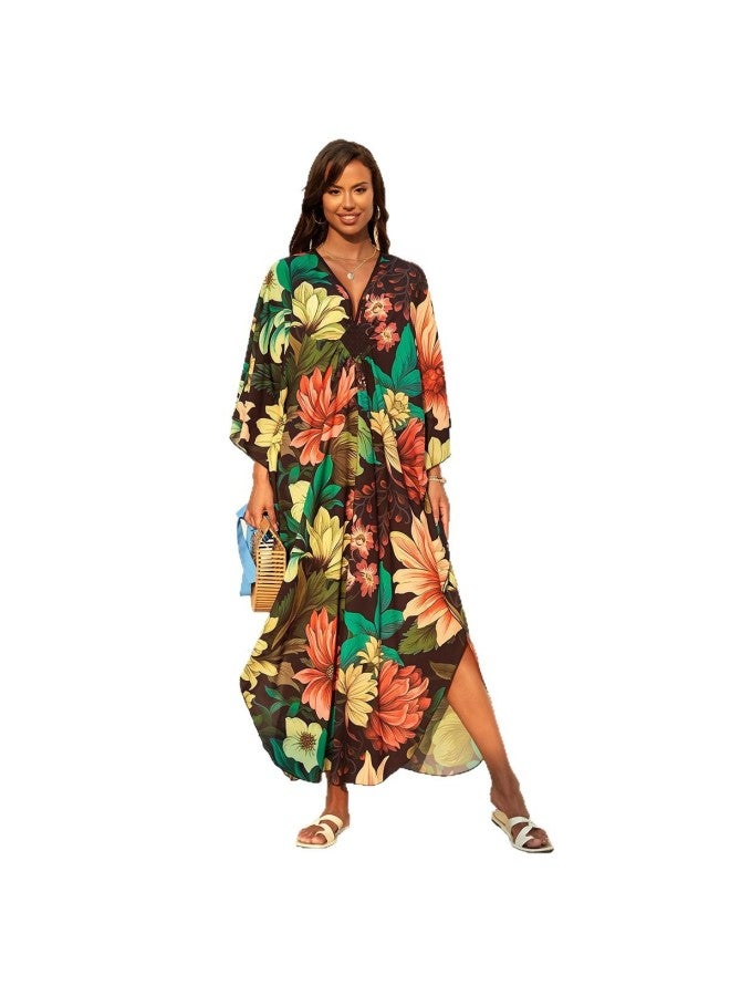 European And American Beach Blouse Hand-woven Positioning Printed Plus Size Dress Holiday Beach Skirt 32 Colors-Color:5DB245-7-  - Image 3