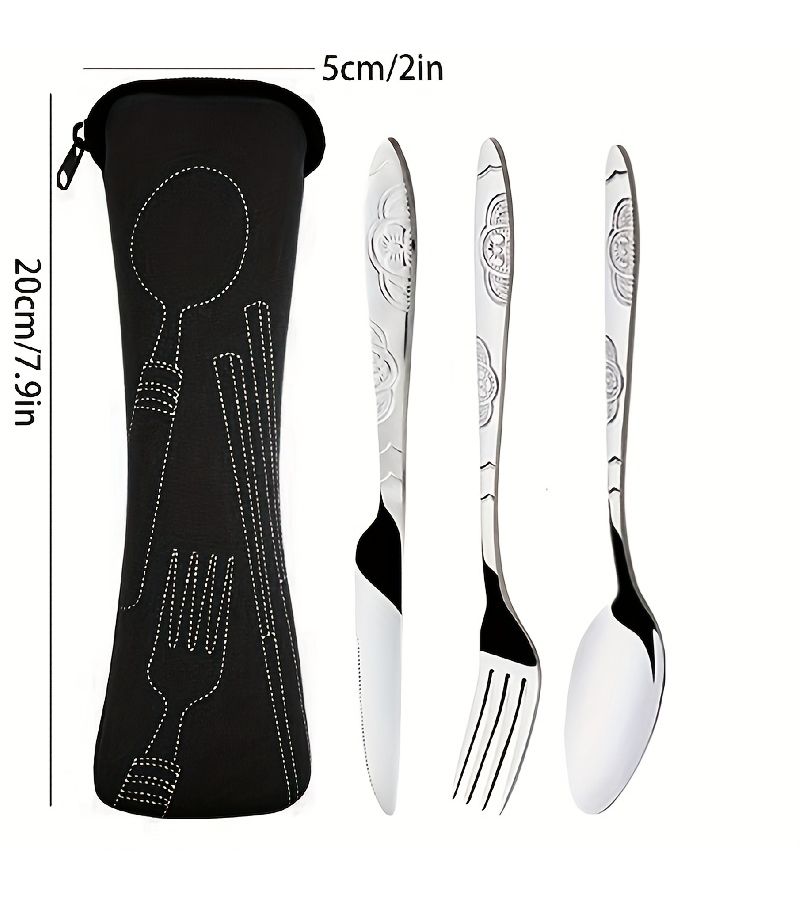 7pcs Stainless Steel Tableware Set Black Lightweight Durable Rust Resistant Knives Forks Spoons Straws With Cleaning Brush Mouthpiece Cover And Carrying Bag For Camping Traveling - Image 3