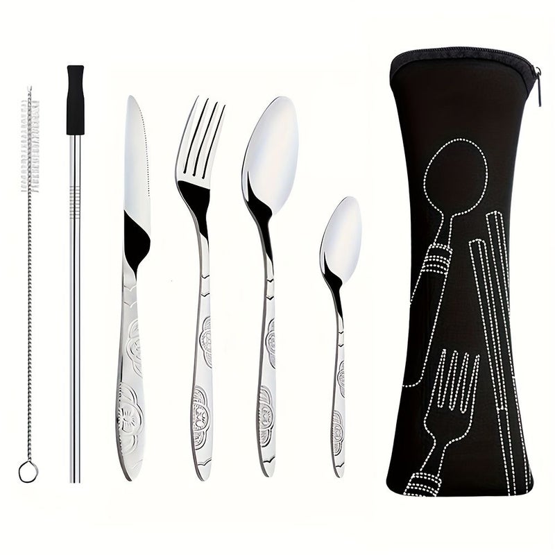 7pcs Stainless Steel Tableware Set Black Lightweight Durable Rust Resistant Knives Forks Spoons Straws With Cleaning Brush Mouthpiece Cover And Carrying Bag For Camping Traveling - Image 2