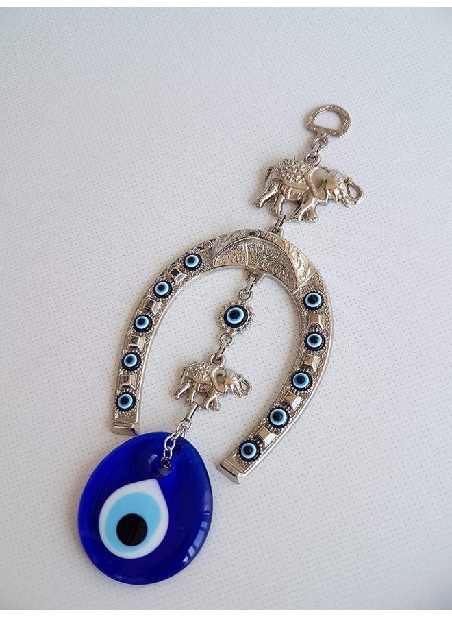 Erbulus Turkish Silver Horse Shoe Blue Evil Eye Wall Hanging Ornament with Elephant  Turkish Nazar Bead Amulet  Home Protection and Good Luck Charm Gift in a Box - Image 3