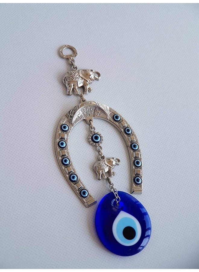 Erbulus Turkish Silver Horse Shoe Blue Evil Eye Wall Hanging Ornament with Elephant  Turkish Nazar Bead Amulet  Home Protection and Good Luck Charm Gift in a Box - Image 4