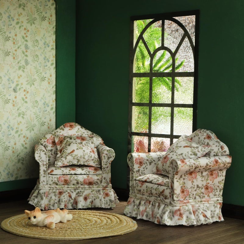 iLAND Dollhouse Furniture of Miniature Couch The Great Doll House Furniture Set for 112 Accessories Elegant Rose and Birds Pleated Single Sofas 2 Pcs Customized Fabric and Amazing Handiwork - Image 3