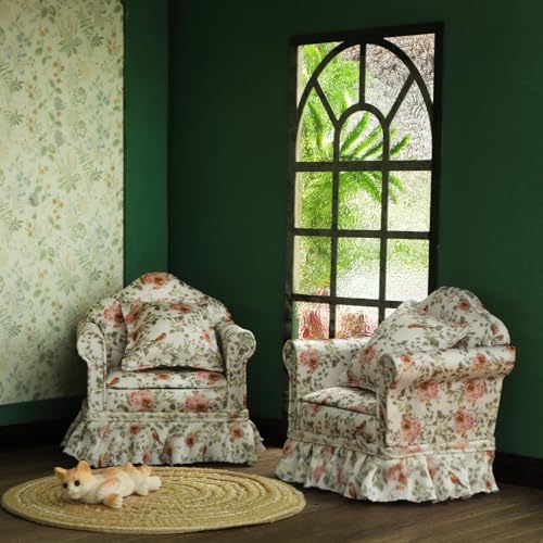 iLAND Dollhouse Furniture of Miniature Couch The Great Doll House Furniture Set for 112 Accessories Elegant Rose and Birds Pleated Single Sofas 2 Pcs Customized Fabric and Amazing Handiwork - Image 1
