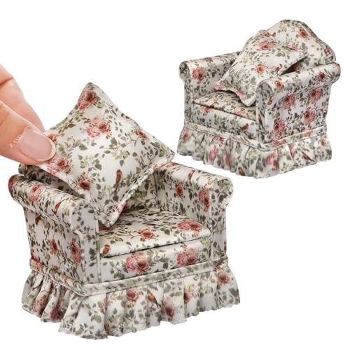 iLAND Dollhouse Furniture of Miniature Couch The Great Doll House Furniture Set for 112 Accessories Elegant Rose and Birds Pleated Single Sofas 2 Pcs Customized Fabric and Amazing Handiwork - Image 5
