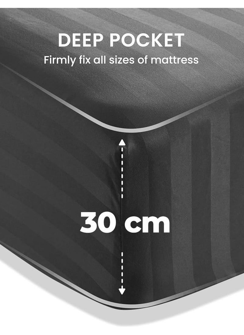 Eworld 4-Piece Luxury Grey Striped Bedding Set Includes 1 Regular Bedsheet, 1 Fitted Bed Sheet, and 2 Pillow Cases for Ultimate Hotel-Inspired Sophistication in King, Queen and Single Sizes  - Image 2