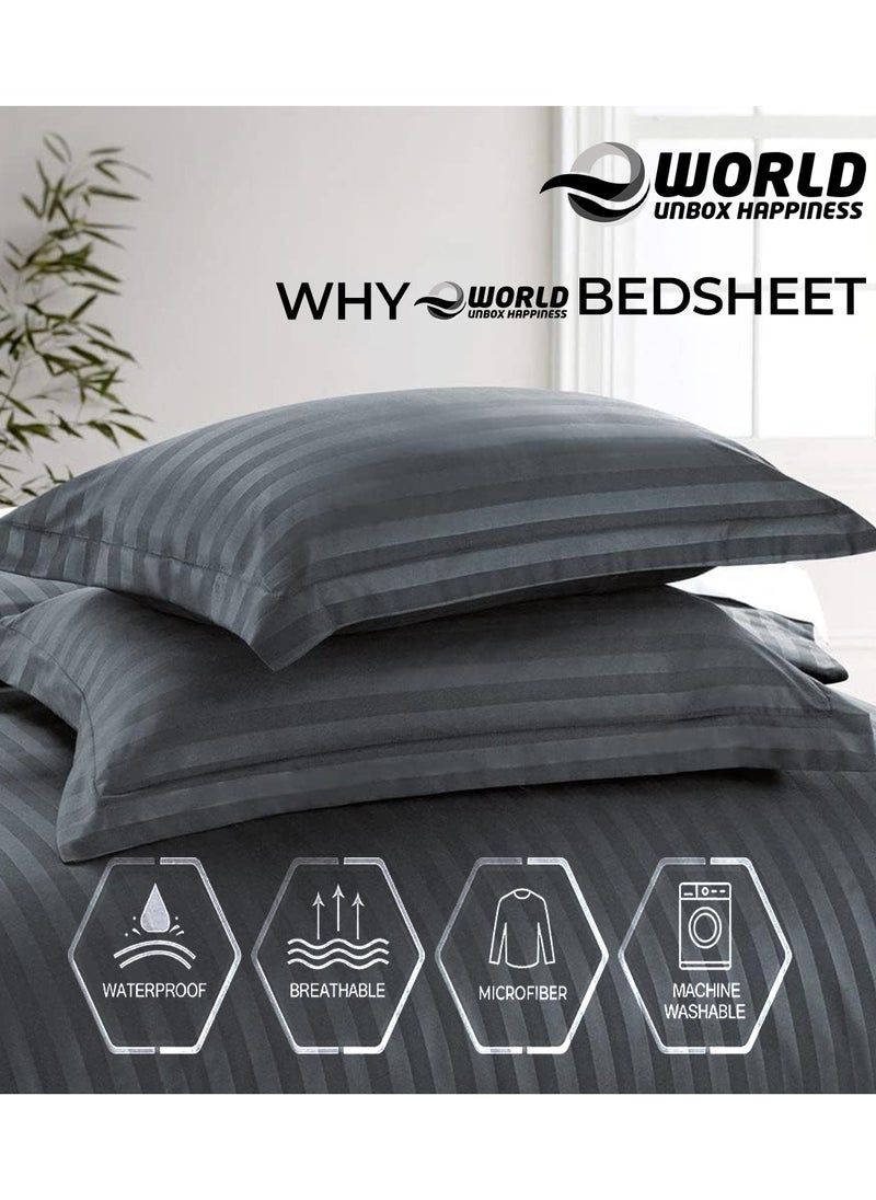 Eworld 4-Piece Luxury Grey Striped Bedding Set Includes 1 Regular Bedsheet, 1 Fitted Bed Sheet, and 2 Pillow Cases for Ultimate Hotel-Inspired Sophistication in King, Queen and Single Sizes  - Image 3