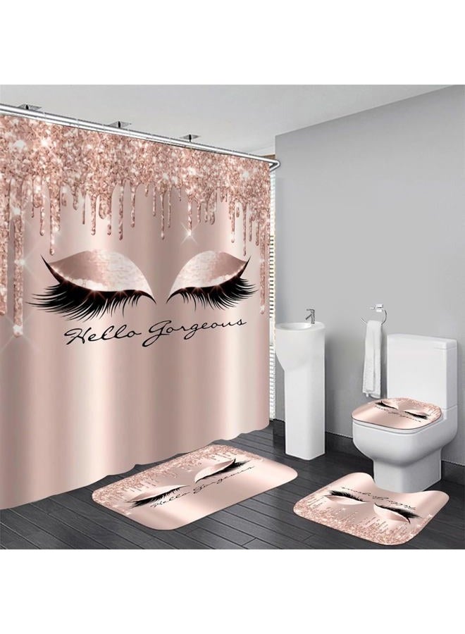 AZHM 4PCS Pretty Eyelash Shower Curtain Set Hello Gorgeous Bathroom Decor Set Pink Rose Gold Bathroom Curtains Shower Set with Shower Curtain and Rugs and Accessories - Image 1
