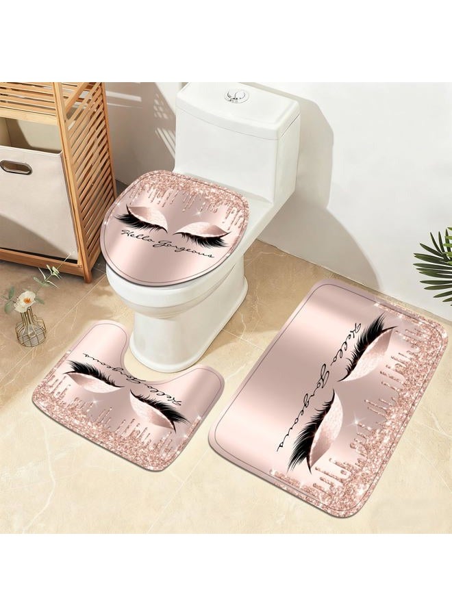 AZHM 4PCS Pretty Eyelash Shower Curtain Set Hello Gorgeous Bathroom Decor Set Pink Rose Gold Bathroom Curtains Shower Set with Shower Curtain and Rugs and Accessories - Image 3