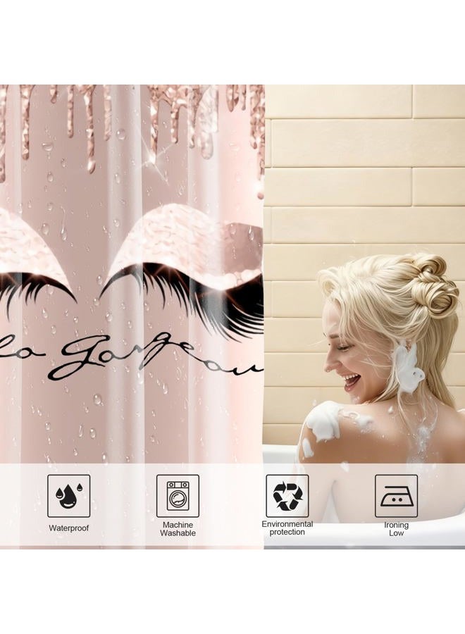 AZHM 4PCS Pretty Eyelash Shower Curtain Set Hello Gorgeous Bathroom Decor Set Pink Rose Gold Bathroom Curtains Shower Set with Shower Curtain and Rugs and Accessories - Image 4