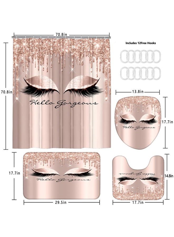 AZHM 4PCS Pretty Eyelash Shower Curtain Set Hello Gorgeous Bathroom Decor Set Pink Rose Gold Bathroom Curtains Shower Set with Shower Curtain and Rugs and Accessories - Image 5
