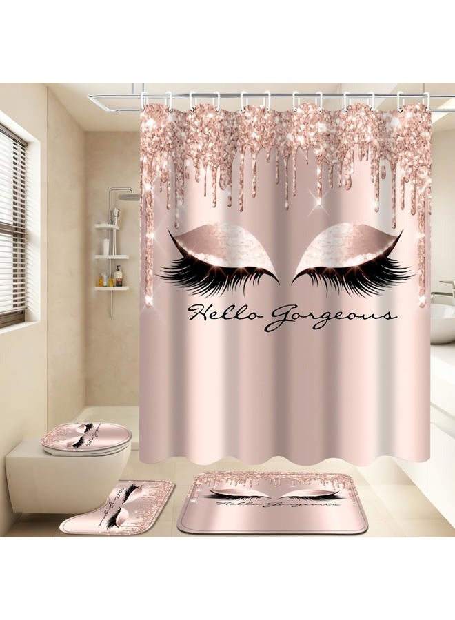 AZHM 4PCS Pretty Eyelash Shower Curtain Set Hello Gorgeous Bathroom Decor Set Pink Rose Gold Bathroom Curtains Shower Set with Shower Curtain and Rugs and Accessories - Image 2