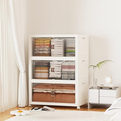 SAILUN 321QT/80Gal Stackable Storage Bins with a Lid, Collapsible Storage Bins With Doors, Folding Cabinet for Home Closet Organization,3 Pack-26 W x 16.5" D x 43.3" H White - Image 3