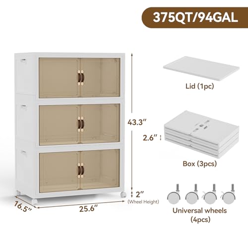 SAILUN 321QT/80Gal Stackable Storage Bins with a Lid, Collapsible Storage Bins With Doors, Folding Cabinet for Home Closet Organization,3 Pack-26 W x 16.5" D x 43.3" H White - Image 2