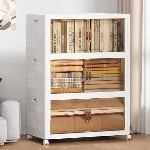 SAILUN 321QT/80Gal Stackable Storage Bins with a Lid, Collapsible Storage Bins With Doors, Folding Cabinet for Home Closet Organization,3 Pack-26 W x 16.5" D x 43.3" H White - Image 1