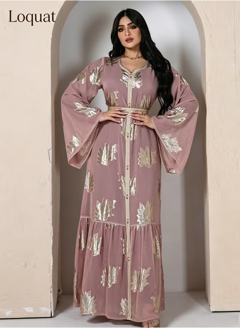 Loquat Women Luxury V-neck Bronzing Chiffon Robe Maxi Dresses with Lining Exclusive Styles Modern Stylish Abaya Middle East Arabic Banquet Wedding Party Dress Women's Festival Clothing Pink - Image 2