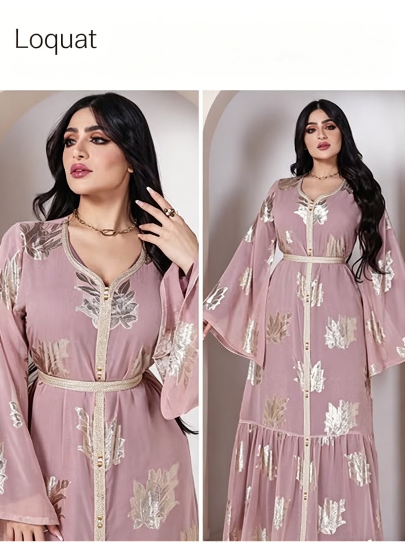 Loquat Women Luxury V-neck Bronzing Chiffon Robe Maxi Dresses with Lining Exclusive Styles Modern Stylish Abaya Middle East Arabic Banquet Wedding Party Dress Women's Festival Clothing Pink - Image 1