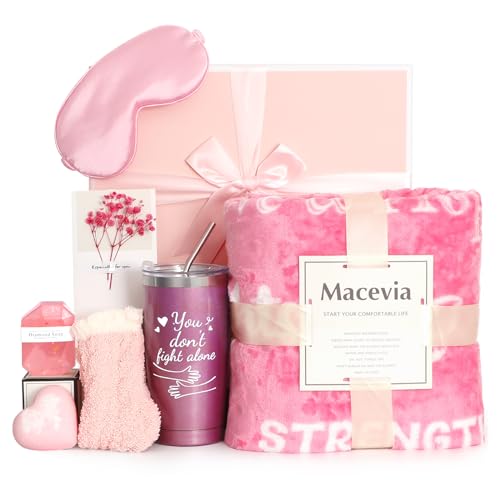 MACEVIA Breast Cancer Care Package Gift Box for Women - Get Well Soon Gifts Basket Inspirational with Breast Cancer Blanket Throw, Tumbler Cup, Socks, Eye Mask, Bath Set for Cancer Patients (Pink 02) - Image 1