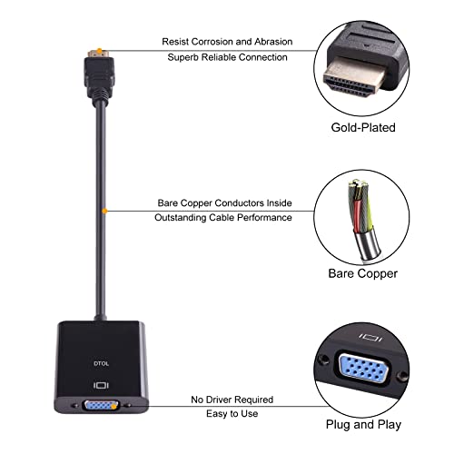 DTOL HDMI to VGA, Gold-Plated HDMI to VGA Adapter (Male to Female) for Computer, Desktop, Laptop, PC, Monitor, Projector, HDTV, Chromebook, Raspberry Pi, Roku, Xbox and More - Black - Image 2
