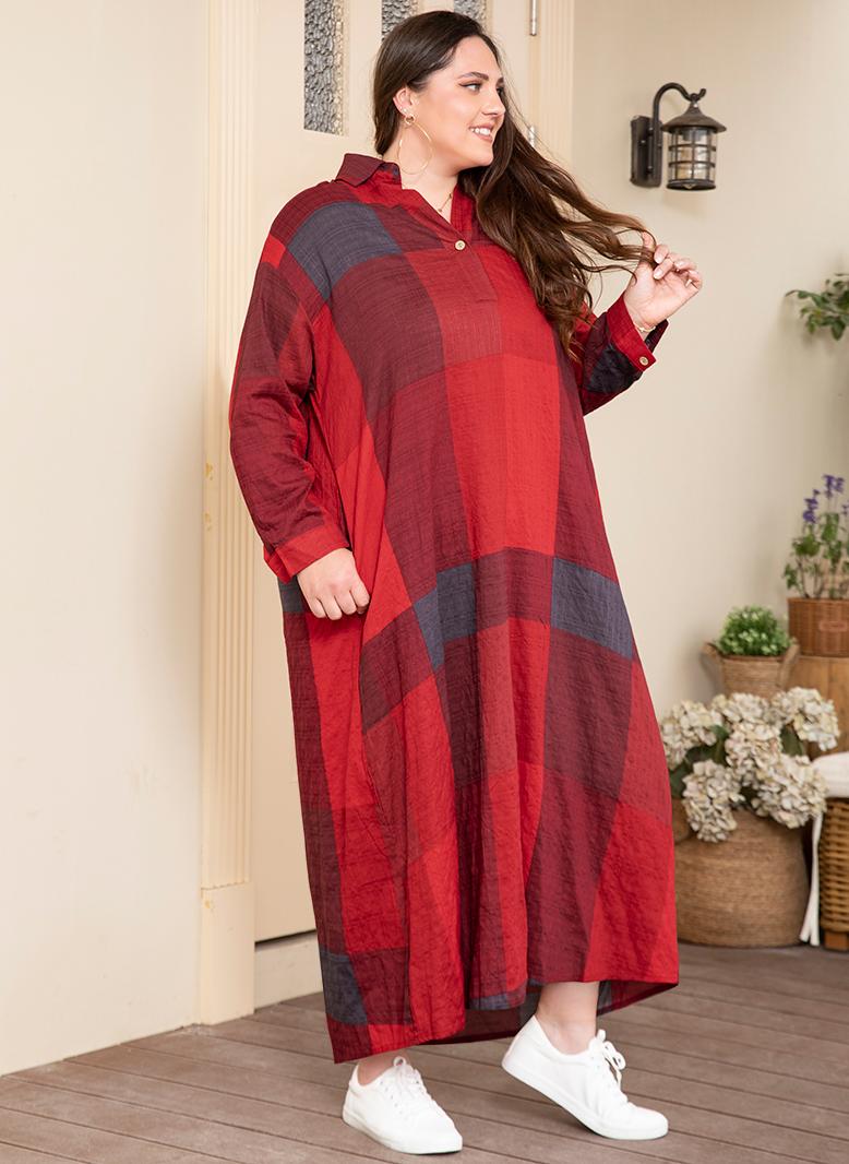 فرايديين كاجول طوق متقلب هندسي تباين اللون جيب غير منتظم كم منتظم فساتين حجم إضافي احمر - Image 3