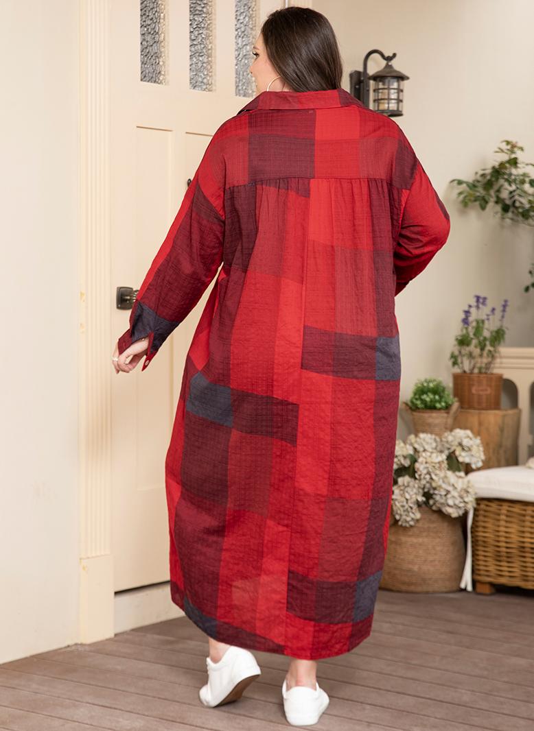 فرايديين كاجول طوق متقلب هندسي تباين اللون جيب غير منتظم كم منتظم فساتين حجم إضافي احمر - Image 2