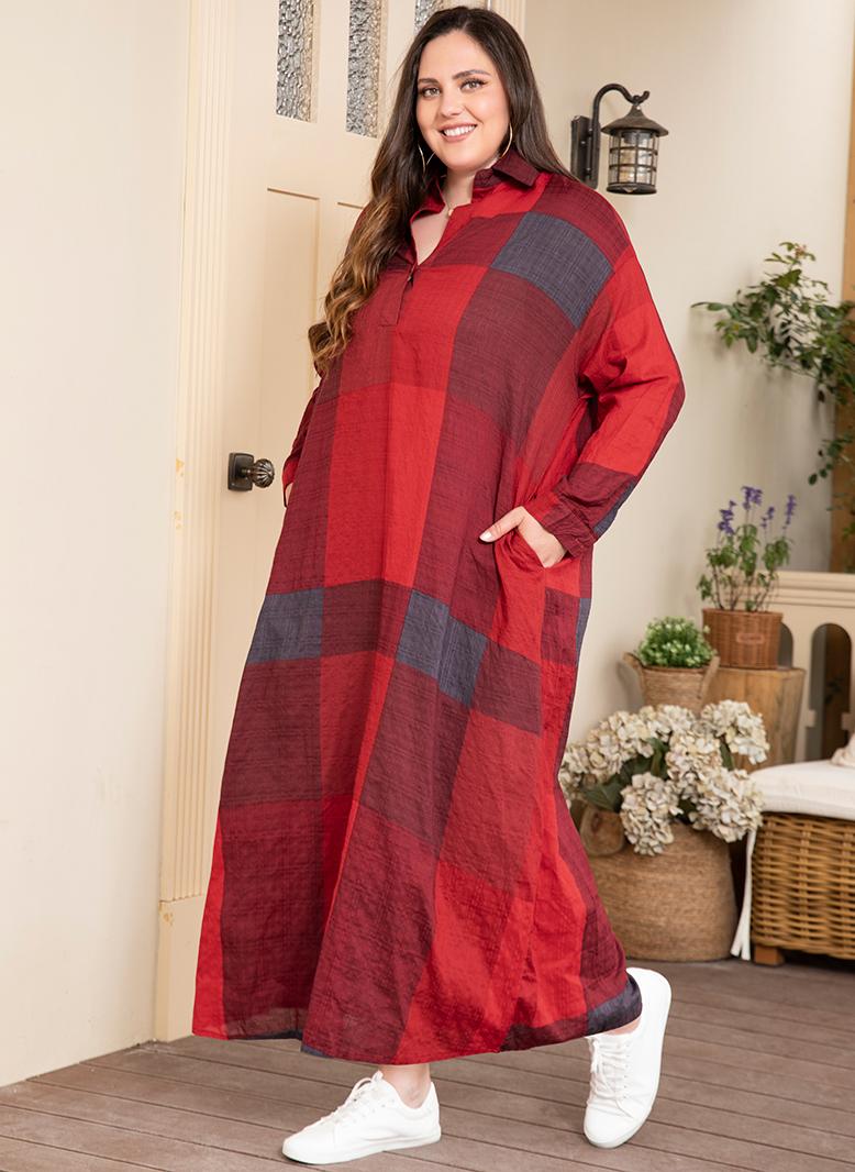 فرايديين كاجول طوق متقلب هندسي تباين اللون جيب غير منتظم كم منتظم فساتين حجم إضافي احمر - Image 4