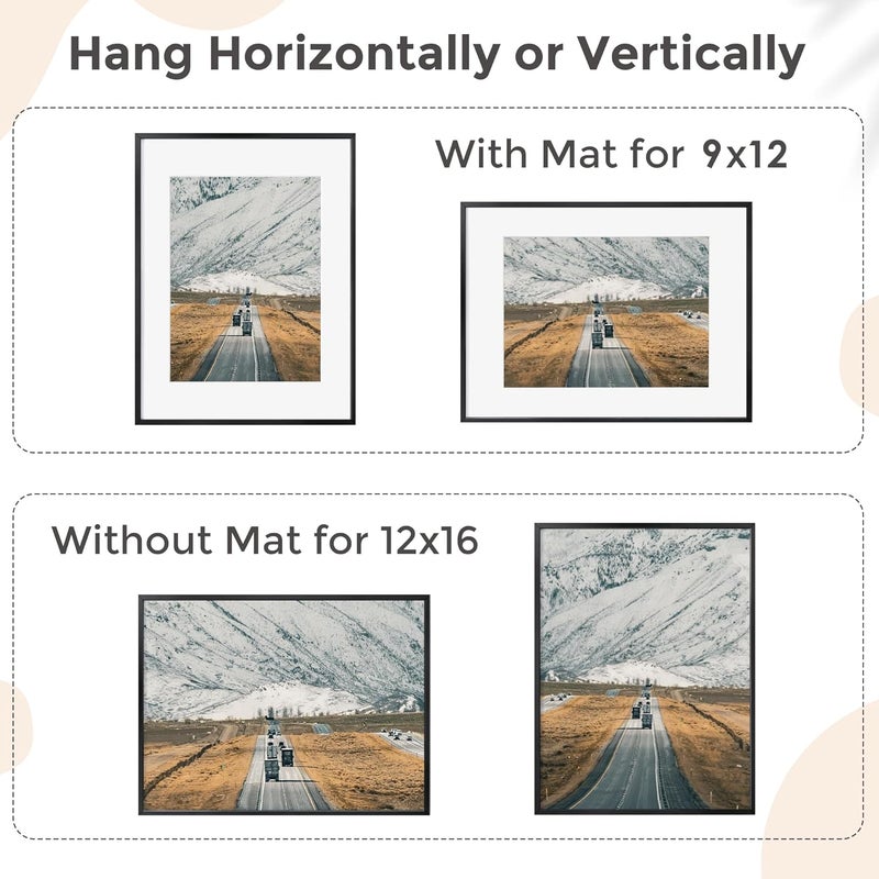 FLYJOE 12x16 Metal Picture Frame for Wall With Mat for 9x12, 12''x16'' Aluminum Certificate Document Frames With Plexiglass, Minimalist Modern Poster Frame Horizontally And Vertically, Black - Image 4