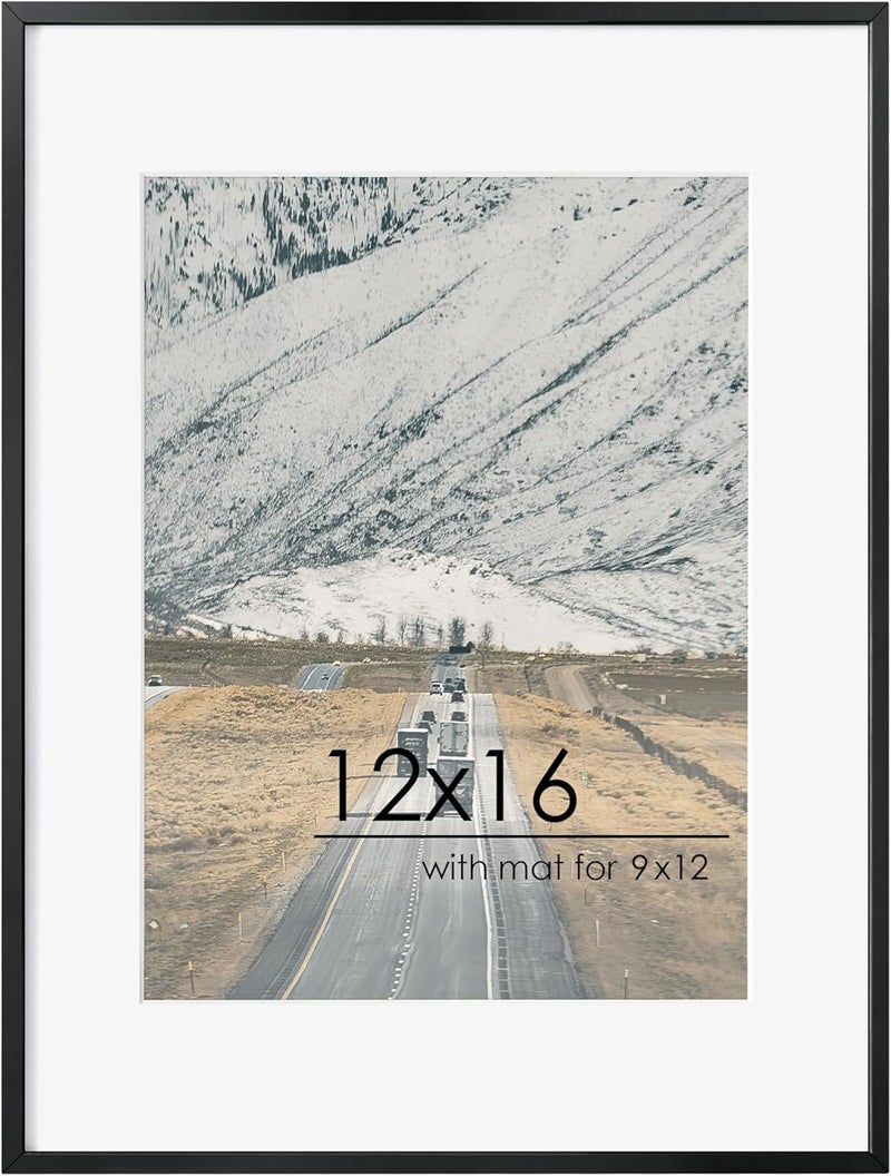 FLYJOE 12x16 Metal Picture Frame for Wall With Mat for 9x12, 12''x16'' Aluminum Certificate Document Frames With Plexiglass, Minimalist Modern Poster Frame Horizontally And Vertically, Black - Image 1