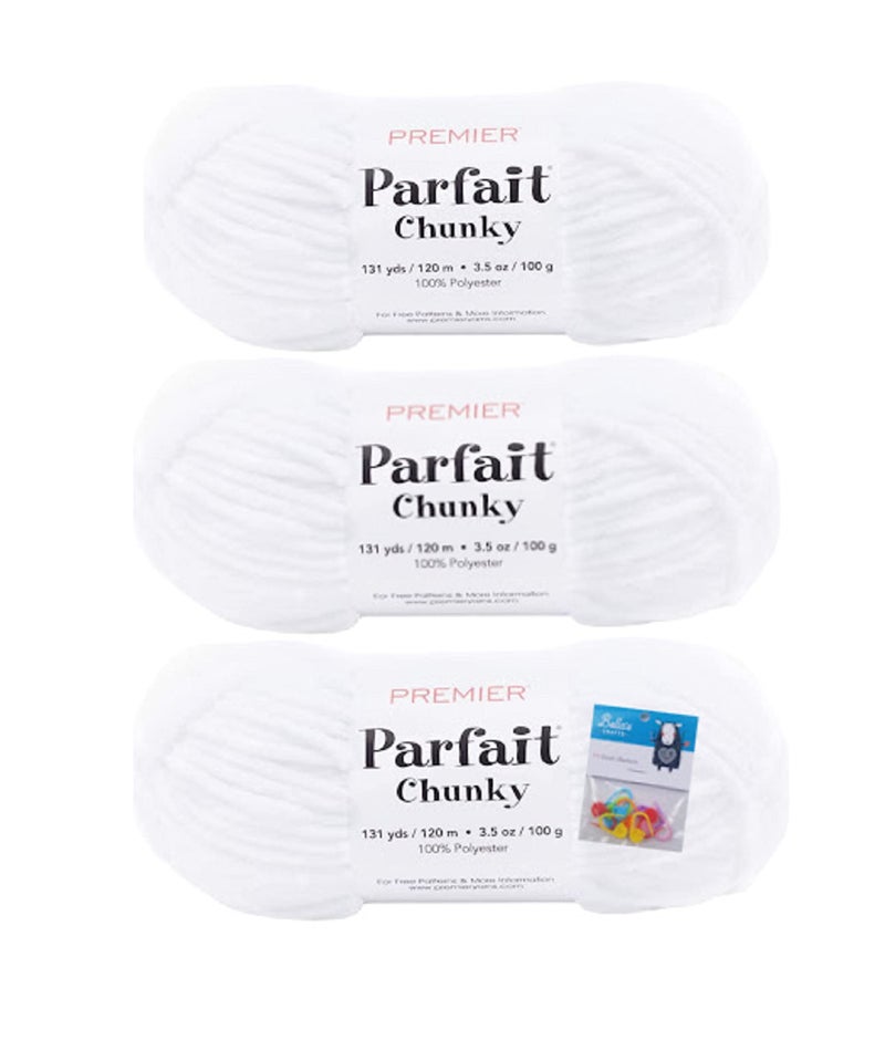 Bella's Crafts Premier Yarns Parfait Chunky Chenille 3.5 Oz 6 Super Bulky Weight 3 Pack Bundle with Bella's Stitch Place Holders (White) - Image 1