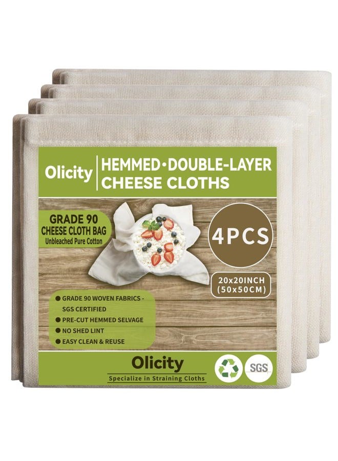 Olicity Cheese Cloths, Grade 90, 20x20Inch, Double-Layer 100% Unbleached Pure Cotton Muslin Cloth for Straining, Reusable Hemmed Cheese Cloth Fabric Filter for Cook, Brew Coffee - 4 Pieces - Image 1