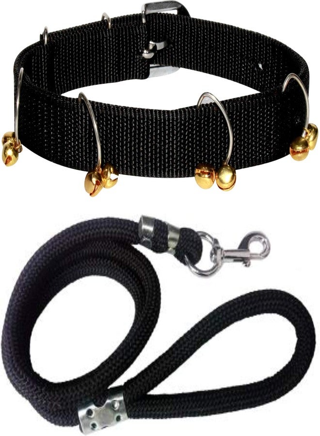 Pedigone Dog Belt Combo of Ghungroo Dog Collar with Black Dog Lead Specially for Medium Breed Dog Collar Leash (Black) - Image 1