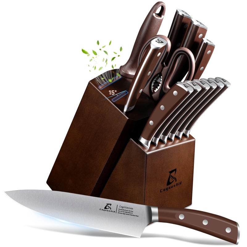 Coquusaid Knife Set  New 15 Beveled Easy Insert  15 Pcs Kitchen Knife Block Set With Block And Sharpener  German Vacuum Oil Cooled Crafted  Countertop-Free Steak Knife Set  Stainless Steel Brown - Image 1