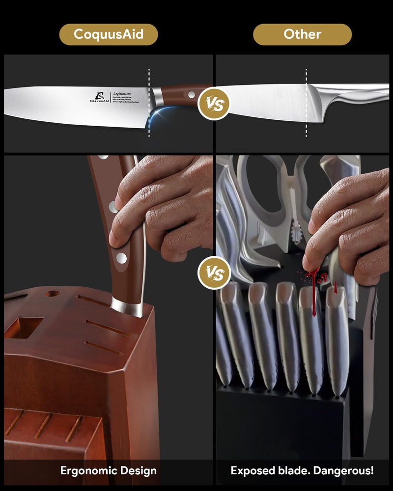 Coquusaid Knife Set  New 15 Beveled Easy Insert  15 Pcs Kitchen Knife Block Set With Block And Sharpener  German Vacuum Oil Cooled Crafted  Countertop-Free Steak Knife Set  Stainless Steel Brown - Image 5