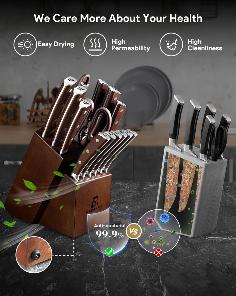 Coquusaid Knife Set  New 15 Beveled Easy Insert  15 Pcs Kitchen Knife Block Set With Block And Sharpener  German Vacuum Oil Cooled Crafted  Countertop-Free Steak Knife Set  Stainless Steel Brown - Image 4