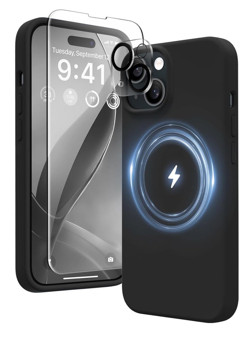 "ELTRAZONE 5-in-1 Magnetic Case for iPhone 15 – Slim Full Body Skin-Like Silicone Cover (6.1") in Black, Compatible with MagSafe, Includes 2X Screen Protectors and Camera Lens Protectors" - Image 1