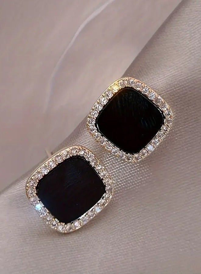 Ready For Chai Trendy And Minimalist Style Stud Earrings Rhinestone Decor Geometric Square Stud Earrings For Women, Banquet Holiday Wearing - Image 1