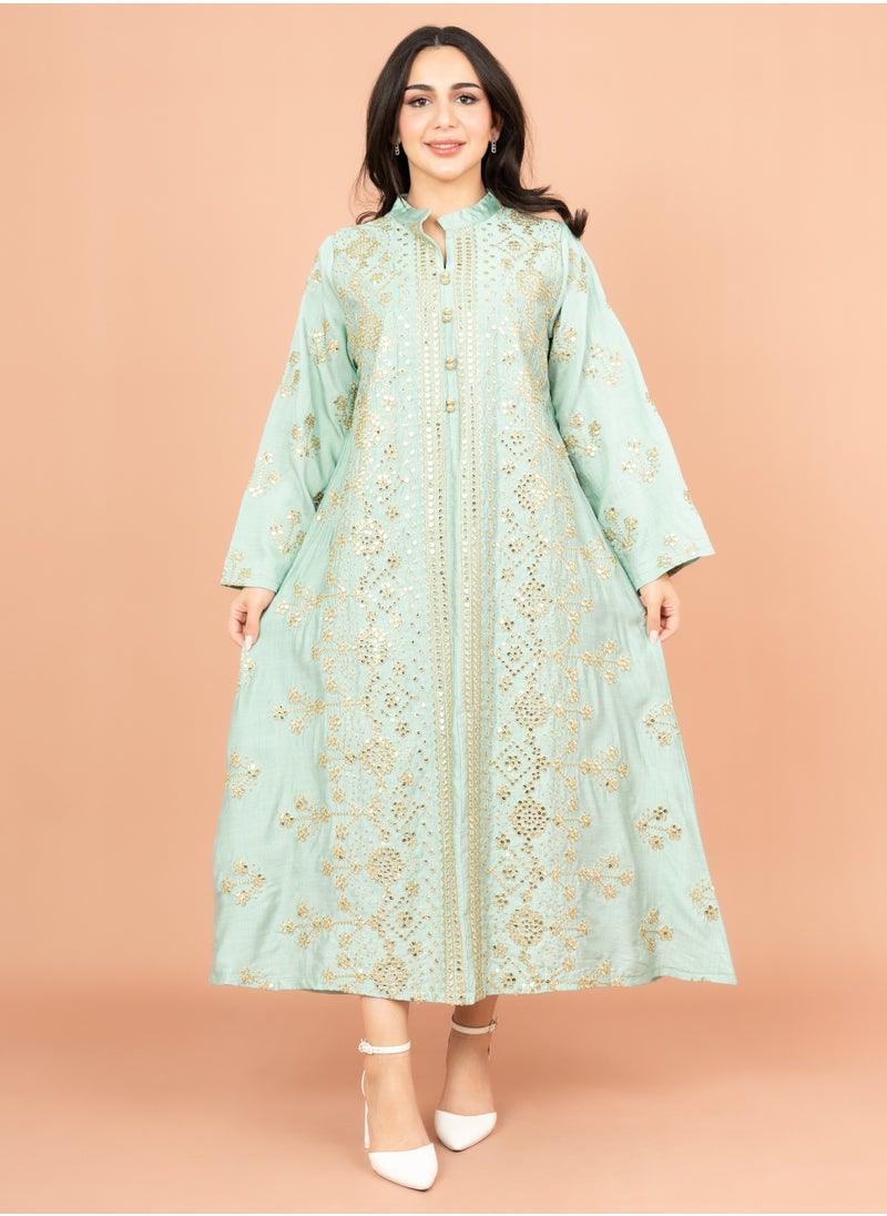 IKKXA Elegant Jalabiya with Intricate Embroidery Work IK6005 Turquoise  - Image 1
