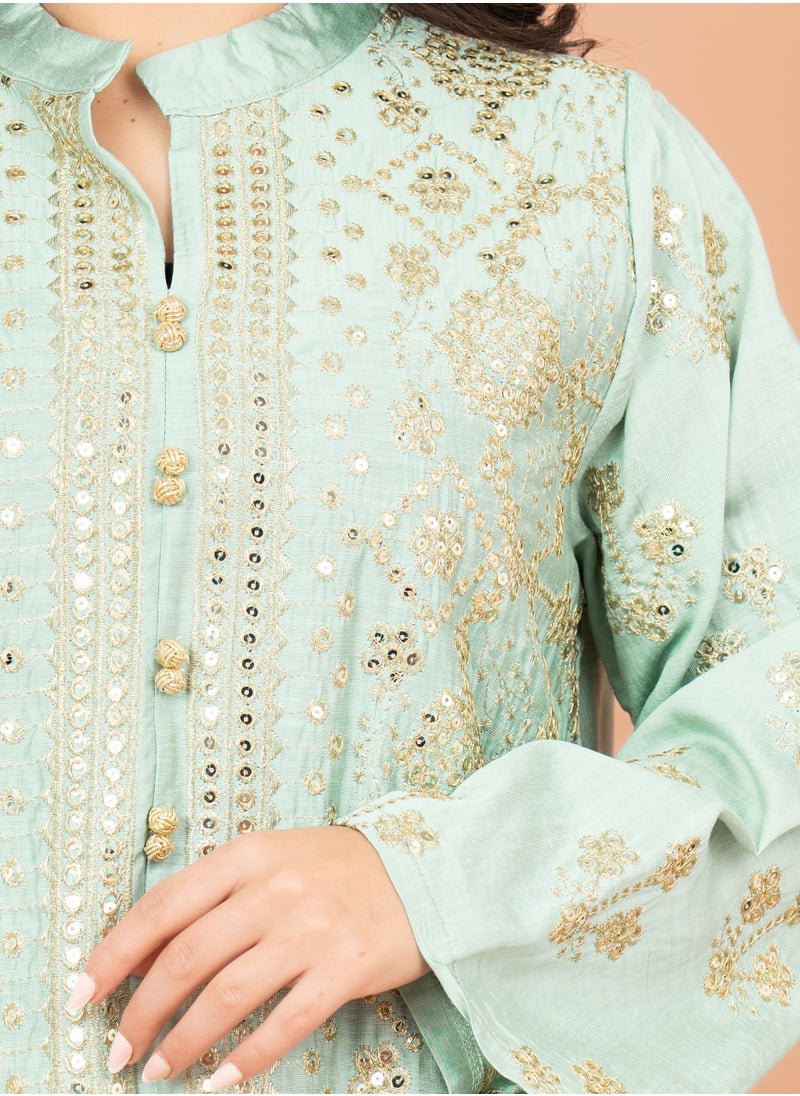 IKKXA Elegant Jalabiya with Intricate Embroidery Work IK6005 Turquoise  - Image 2